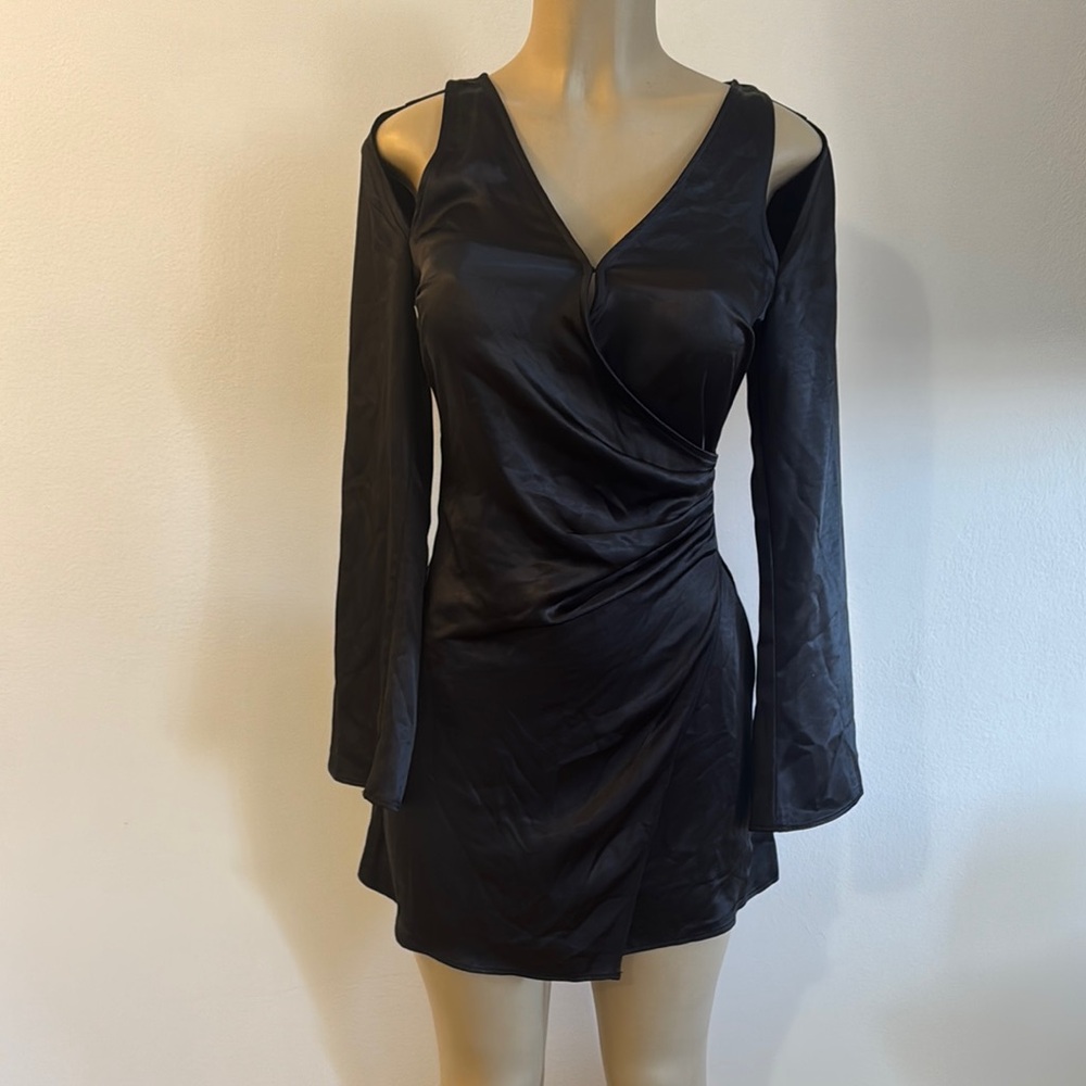 ASTR The Label Black Satin Faux Wrap dress Size Xs